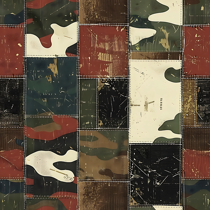 Patchwork Woodland Camouflage with Distressed Fabric and Military Colors seamless PBR texture preview