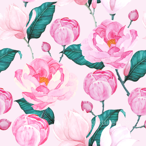 Pink Flower Texture of Pink Watercolor Flowers with Green Leaves seamless Pink Flower PBR texture