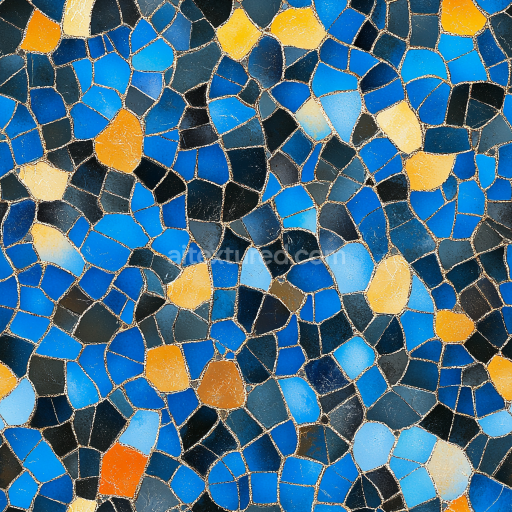 Seamless 3D Ceramic Mosaic PBR Texture with Blue and Orange Irregular Tiles texture preview