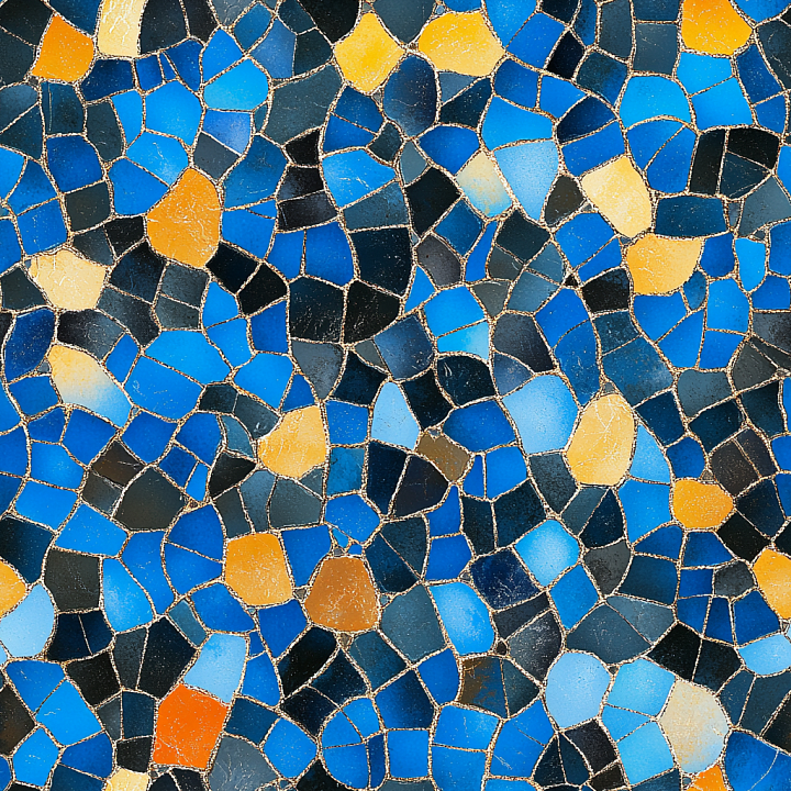 Ceramic Mosaic with Blue and Orange Irregular Tiles seamless PBR texture preview