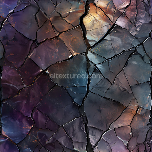 Seamless 3D cracked metallic surface PBR texture with iridescent hues and jagged fractures