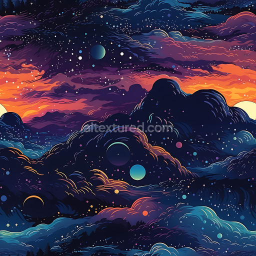 Seamless 3D Space PBR Texture Featuring Stylized Cosmic Nebula Clouds and Vibrant Starfield
