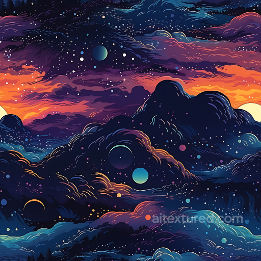 Space PBR Texture Featuring Stylized Cosmic Nebula Clouds and Vibrant Starfield seamless Star, space, planets PBR texture