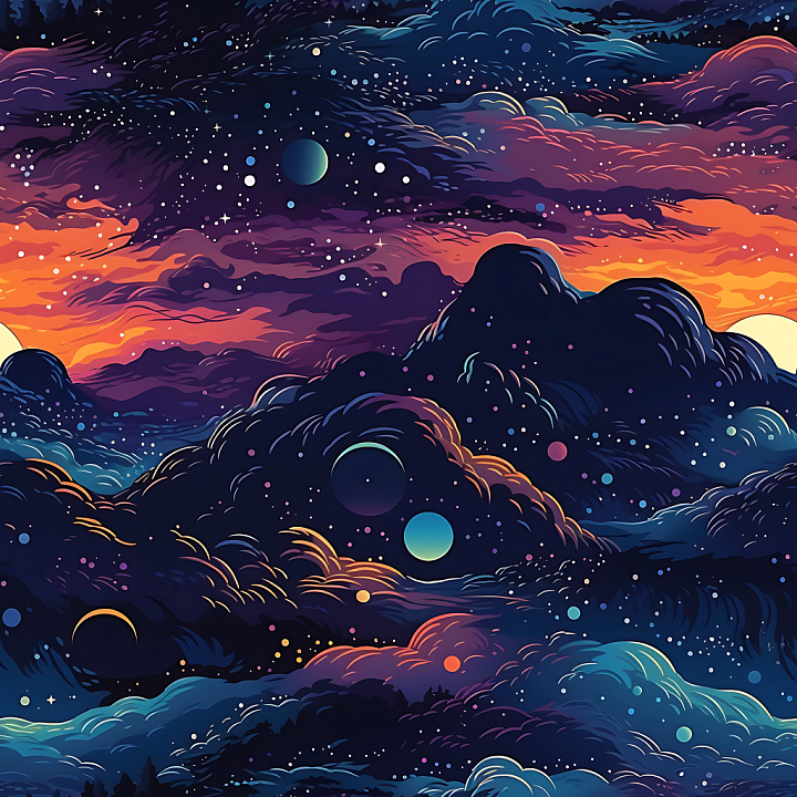 Space Featuring Stylized Cosmic Nebula Clouds and Vibrant Starfield seamless PBR texture preview
