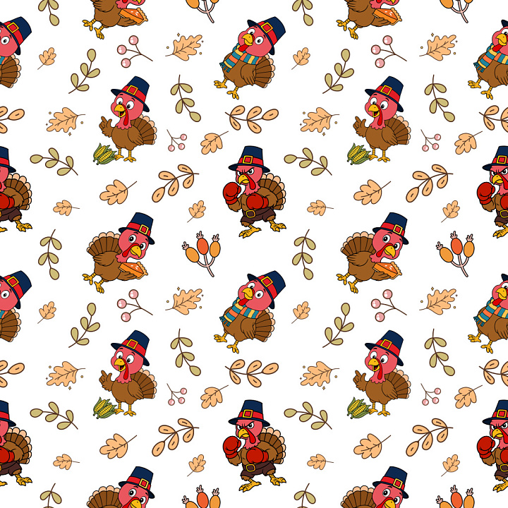 Pattern Bundle of Cartoon Turkey Motifs with Autumn Leaves and Berries seamless PBR texture preview