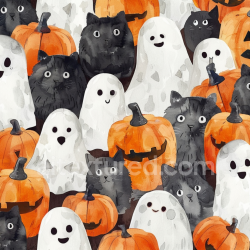 seamless Seamless 3D PBR Watercolor Halloween Texture Featuring Black Cats, Pumpkins, and Friendly Ghosts texture 8k free download PBR