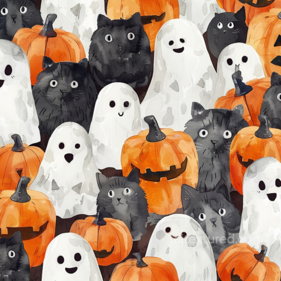 Watercolor Halloween Texture Featuring Black Cats, Pumpkins, and Friendly Ghosts Watercolor Halloween texture preview