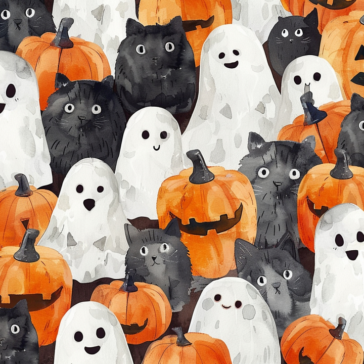 Watercolor Halloween Featuring Black Cats, Pumpkins, and Friendly Ghosts seamless PBR texture preview