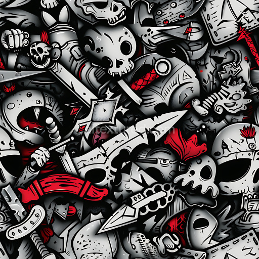Seamless 3D PBR Graffiti Texture Featuring Skulls and Fantasy Weapon Art