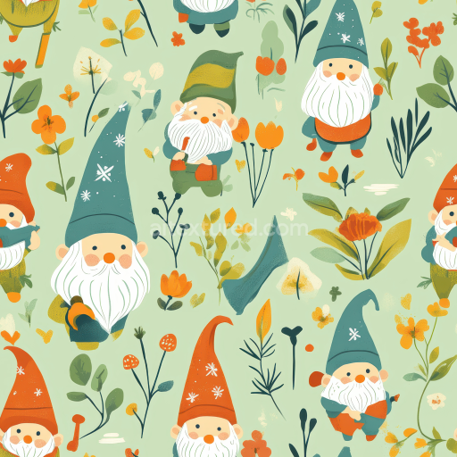 Seamless 3D PBR Texture with Playful Easter Gnomes and Floral Motifs