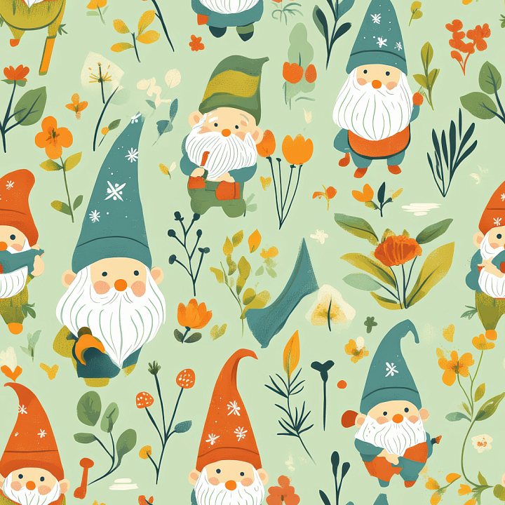 with Playful Easter Gnomes and Floral Motifs seamless PBR texture preview