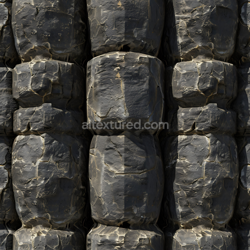 Seamless 3D Basalt Rock Wall PBR Texture Featuring Rugged Blocky Stones with Cracks