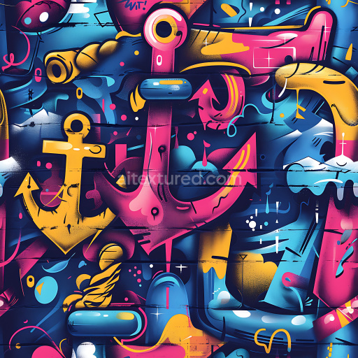 Seamless 3D PBR Graffiti Texture Featuring Vibrant Anchors and Urban Wall Art