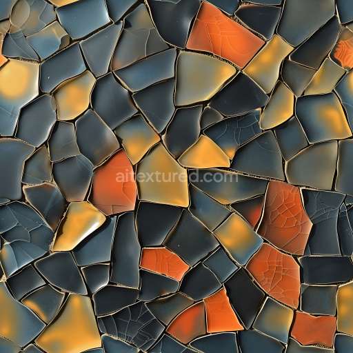 Seamless 3D Cracked Ceramic Tile PBR Texture Featuring Dark, Orange & Yellow Fragmented Pattern
