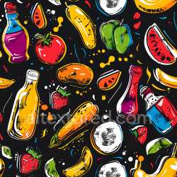seamless Seamless 3D PBR Texture Featuring Colorful Graffiti Fruit and Bottles on Black Background texture 8k free download PBR