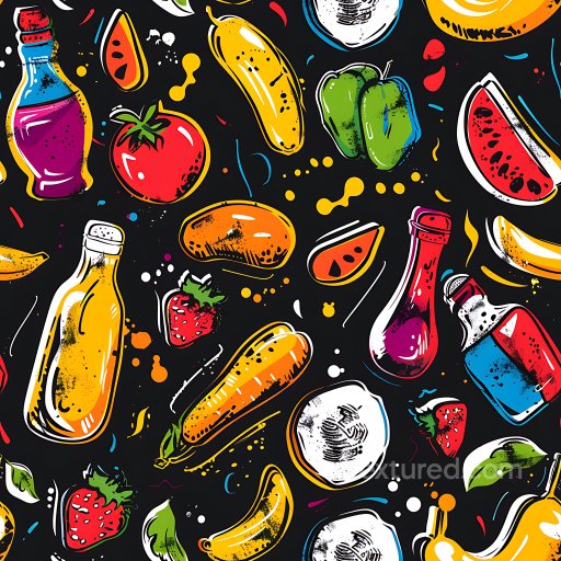 Seamless 3D PBR Texture Featuring Colorful Graffiti Fruit and Bottles on Black Background texture preview