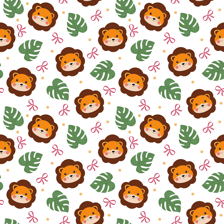 Pattern Featuring Cartoon Lion Faces and Tropical Leaves seamless PBR texture preview