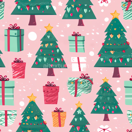 Seamless 3D PBR Digital Paper Texture with Christmas Trees and Gift Boxes on Soft Pink
