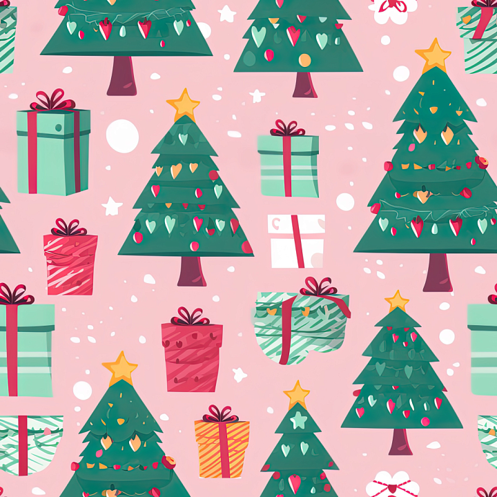 All Christmas Digital paper of Festive Christmas Trees & Gifts on Pink seamless PBR texture preview