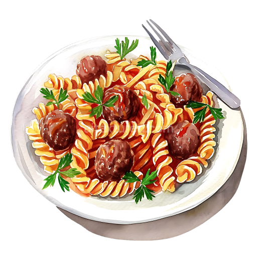Watercolor Style Meatball Pasta Plate Breakfast Illustration