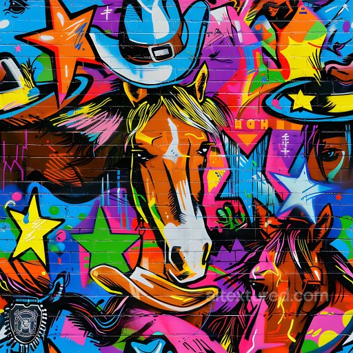 Seamless 3D PBR Graffiti Wall Texture Featuring Vibrant Horses and Star Motifs texture preview