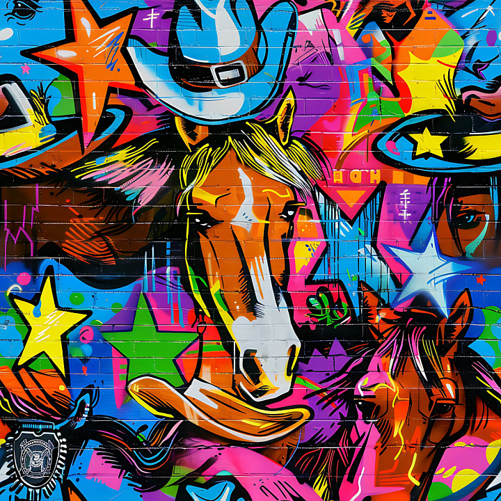 Graffiti Wall Featuring Vibrant Horses and Star Motifs seamless PBR texture preview