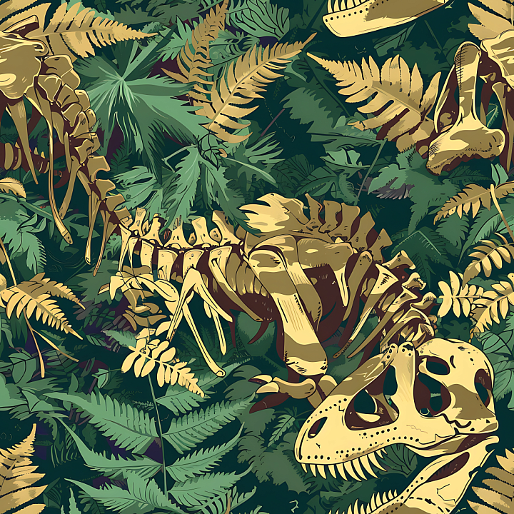 Dinosaur Fossil Camouflage with Dense Jungle Foliage seamless PBR texture preview