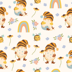 seamless Seamless 3D PBR texture with cute cartoon gnomes, bees, rainbows texture 8k free download PBR