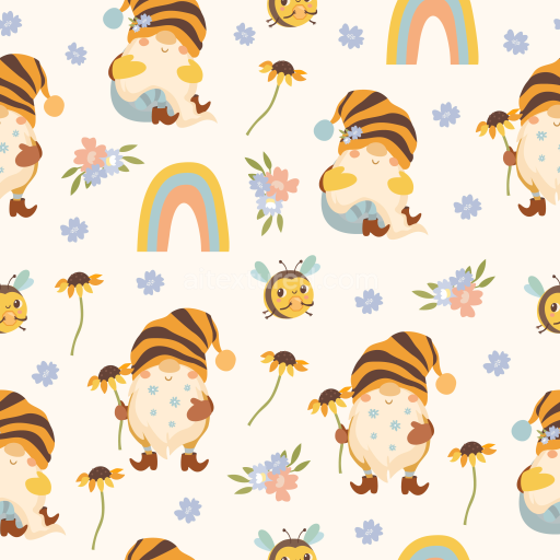 Seamless 3D PBR texture with cute cartoon gnomes, bees, rainbows