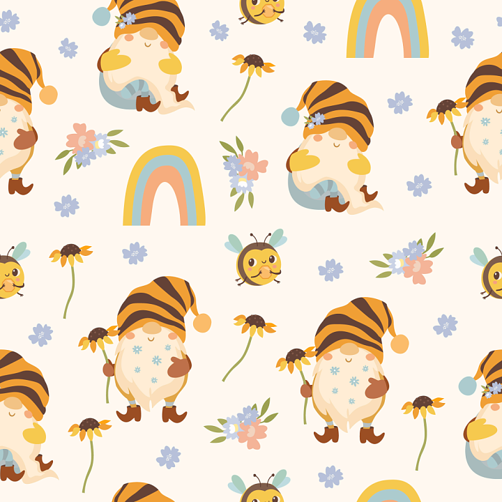 With Cute Cartoon Gnomes, Bees, Rainbows seamless PBR texture preview
