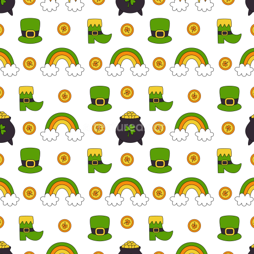 Seamless 3D PBR St Patrick Cartoon Symbols Pattern Texture with Rainbows and Coins