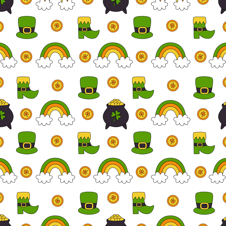 St Patrick Cartoon Symbols Pattern with Rainbows and Coins seamless PBR texture preview