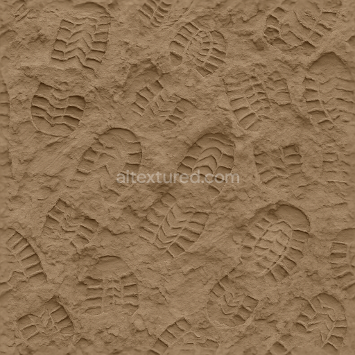 Seamless 3d texture pbr 8k of tracked clay footprints on moist clay soil surface