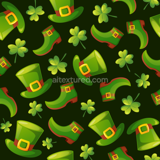 Seamless 3D PBR texture featuring St Patrick green hats, shoes, and shamrocks
