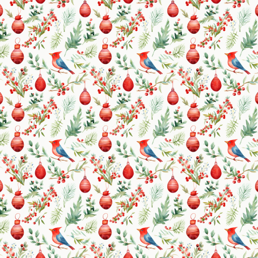 Preview — Seamless 3D PBR Watercolor Christmas Texture Featuring Birds, Ornaments, and Greenery