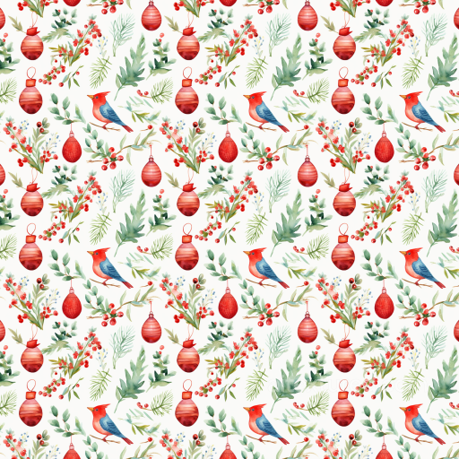 Watercolor Christmas Texture Featuring Birds, Ornaments, and Greenery seamless Watercolor Christmas PBR texture