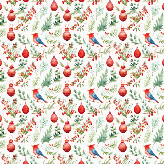 Watercolor Christmas Texture Featuring Birds, Ornaments, and Greenery Watercolor Christmas texture preview
