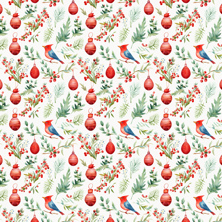 Watercolor Christmas Featuring Birds, Ornaments, and Greenery seamless PBR texture preview