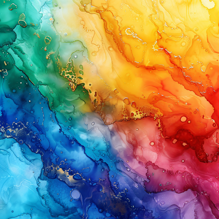 Alcohol Ink Featuring Rainbow Fluid Waves and Gold Veins seamless PBR texture preview