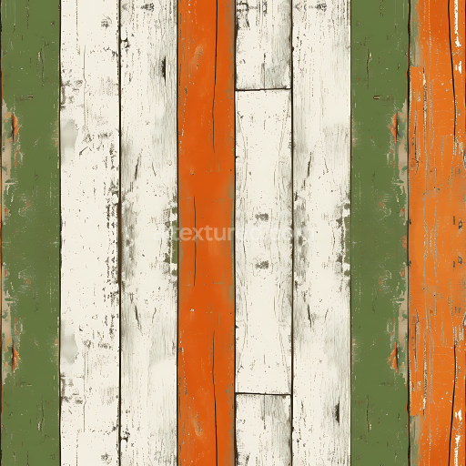 Seamless 3D Rustic Painted Wood Planks PBR Texture with Distressed Green, Orange, and White Finish
