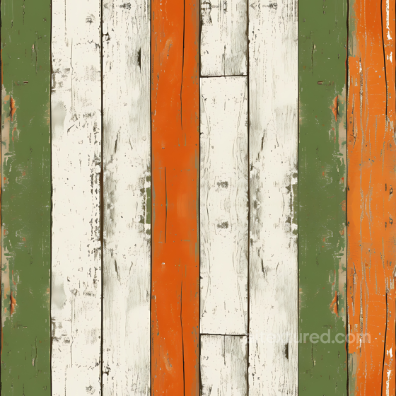 Rustic Painted Wood Planks PBR Texture with Distressed Green, Orange, and White Finish Wood texture preview