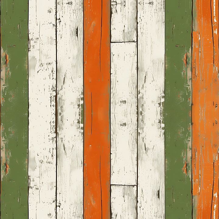 Rustic Painted Wood Planks with Distressed Green, Orange, and White Fin… seamless PBR texture preview