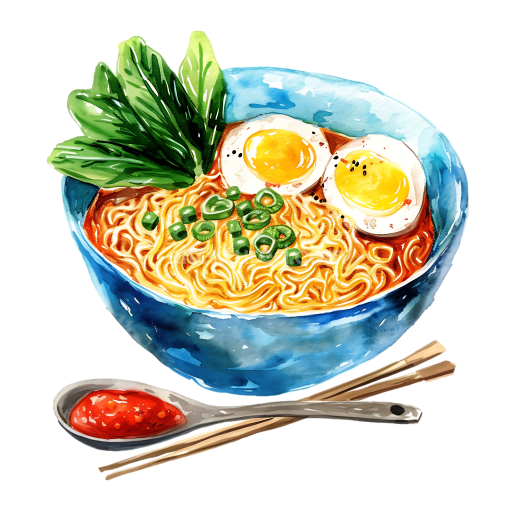 Watercolor-Style Ramen Breakfast Bowl with Eggs and Greens