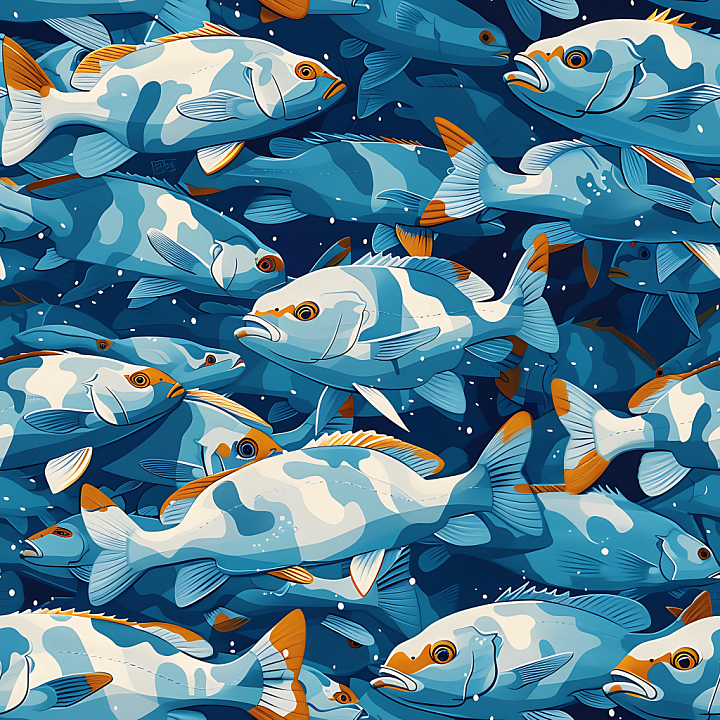 Aquatic Fish Camouflage With Blue And Orange Stylized Pattern seamless PBR texture preview