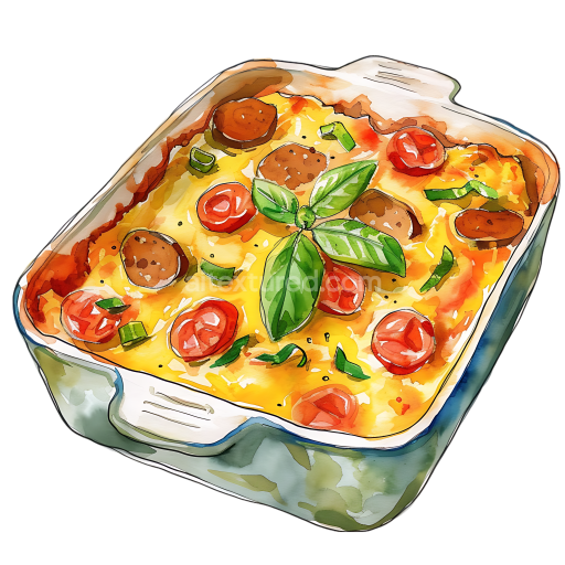 Breakfast Casserole with Sausage, Tomatoes, and Herbs Watercolor Illustration