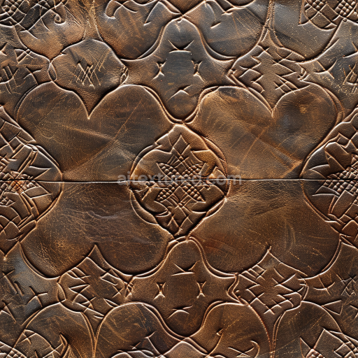 Seamless 3D patterned distressed brown leather PBR texture with ornate embossing