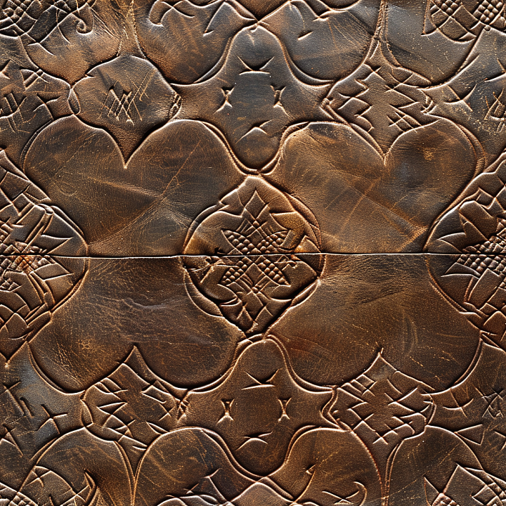 Patterned Distressed Brown Leather With Ornate Embossing seamless PBR texture preview
