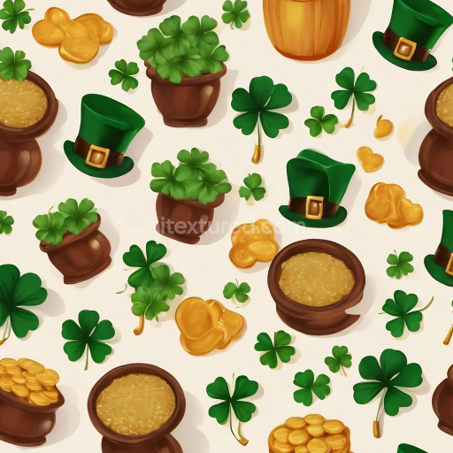 Seamless 3D PBR Texture Featuring St. Patrick's Day Pots, Hats, and Shamrocks