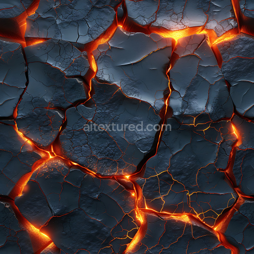 Seamless 3D PBR cracked volcanic lava rock texture with glowing fissures