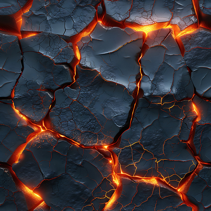 Cracked Volcanic Lava Rock With Glowing Fissures seamless PBR texture preview